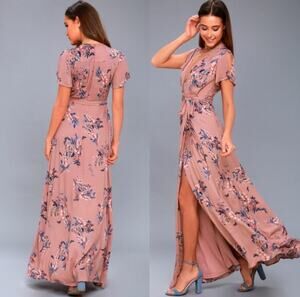 LULUS Fiorire Rose Floral Print Wrap Maxi Dress Pink Sz M {3C16}